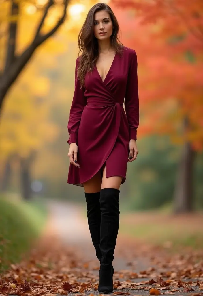 15 Elegant Fall Outfits for Plus Size Beauties That'll Make Heads Turn! - 5. Wrap Dress with Knee-High Boots