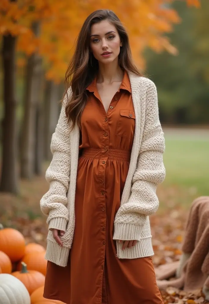 15 Elegant Fall Outfits for Plus Size Beauties That'll Make Heads Turn! - 6. Chunky Cardigan Over a Button-Up Dress