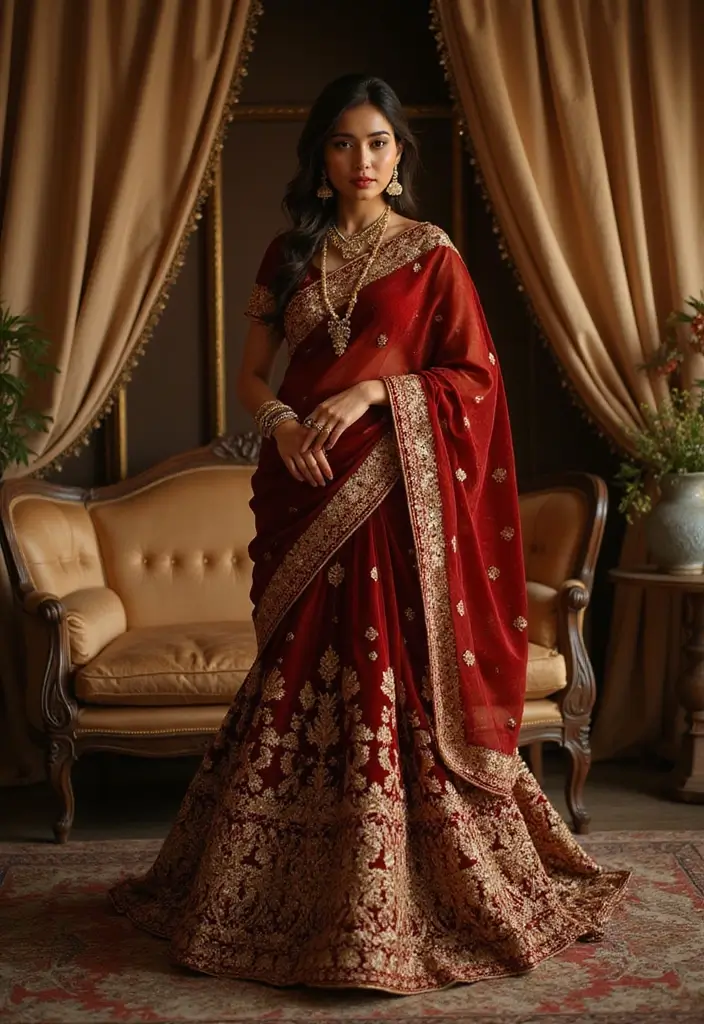 15 Stunning Gold and Red Bridal Sarees That Will Make You Feel Like a Queen! - 11. The Glamorous Velvet Saree