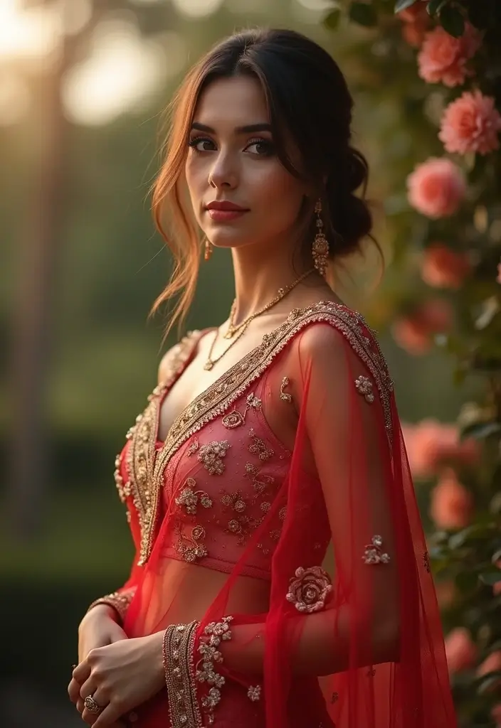 15 Stunning Gold and Red Bridal Sarees That Will Make You Feel Like a Queen! - 13. The Enchanting Net Saree