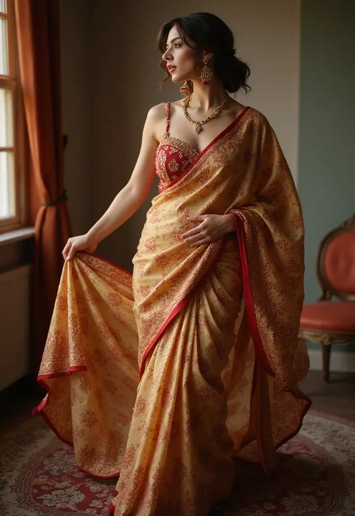 15 Stunning Gold and Red Bridal Sarees That Will Make You Feel Like a Queen! - 15. The Dreamy Digital Print Saree