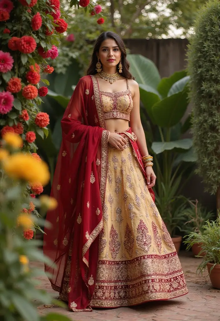 15 Stunning Gold and Red Bridal Sarees That Will Make You Feel Like a Queen! - 5. The Elegant Half Saree