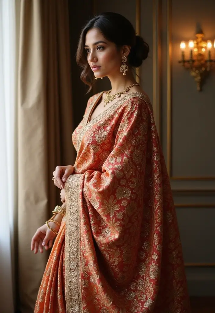 15 Stunning Gold and Red Bridal Sarees That Will Make You Feel Like a Queen! - 6. The Dramatic Embroidered Saree