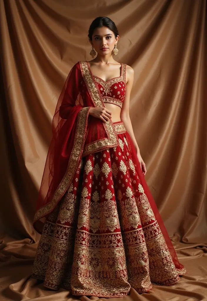15 Stunning Gold and Red Bridal Sarees That Will Make You Feel Like a Queen! - 7. The Lavish Lehenga Saree