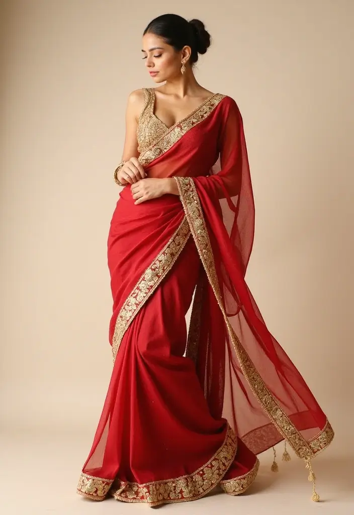 15 Stunning Gold and Red Bridal Sarees That Will Make You Feel Like a Queen! - 9. The Timeless Chiffon Saree