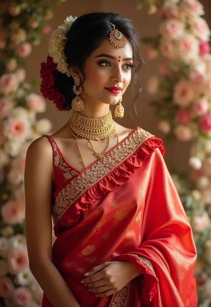 15 Stunning South Indian Bridal Looks in Red That Will Leave You Breathless! - 10. Ruffled Sarees with Flair