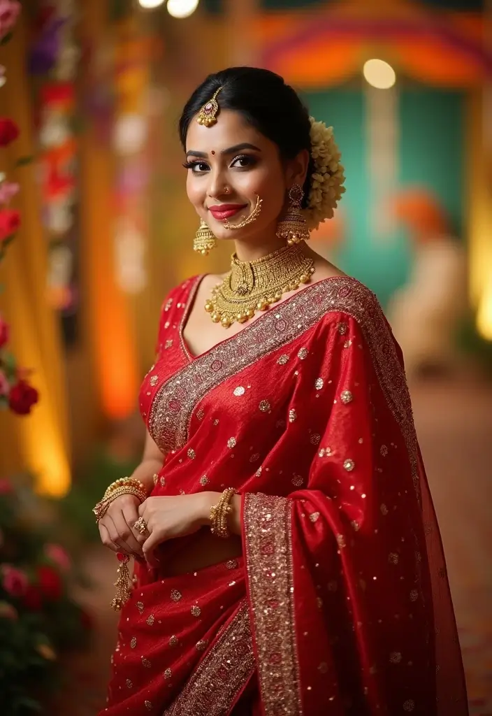 15 Stunning South Indian Bridal Looks in Red That Will Leave You Breathless! - 6. Shimmering Sequins for a Dazzling Effect