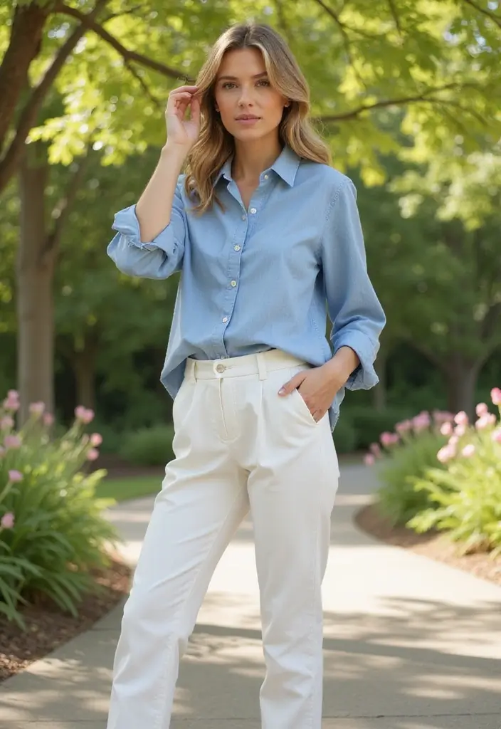 25 Casual Outfit Ideas for Women That'll Make You Look Effortlessly Chic! - 12. Chambray Shirt and White Pants