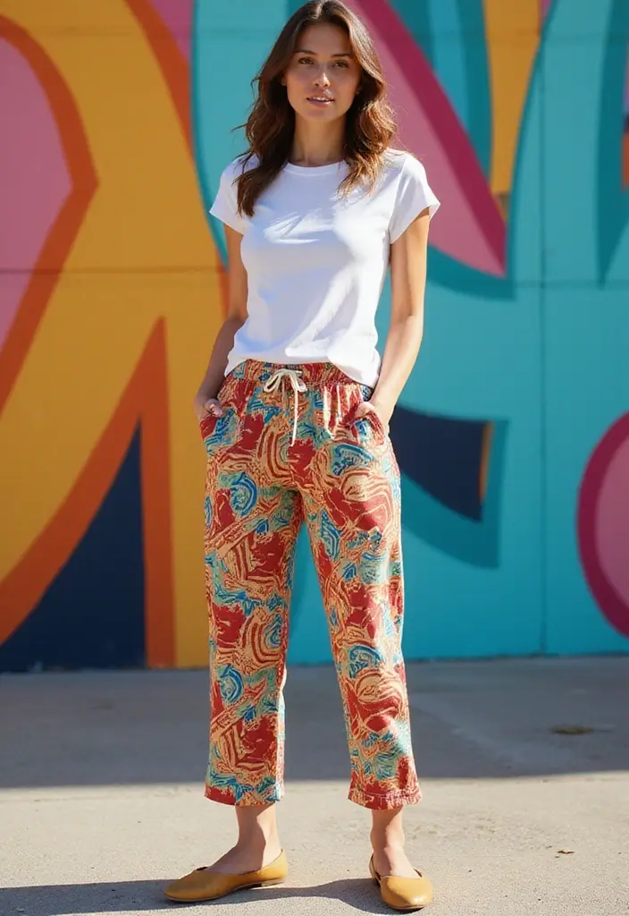 25 Casual Outfit Ideas for Women That'll Make You Look Effortlessly Chic! - 14. Printed Pants with Simple Tee