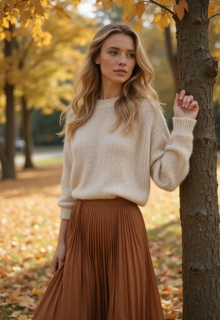 25 Casual Outfit Ideas for Women That'll Make You Look Effortlessly Chic! - 23. Knit Sweater with Pleated Skirt