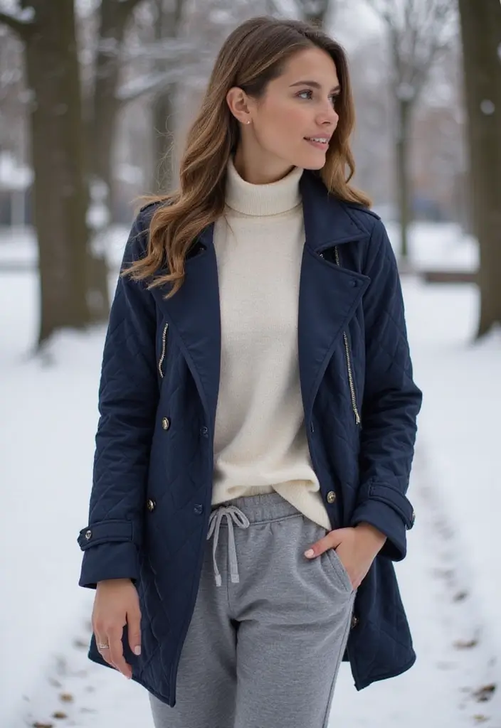 27 Cozy Women’s Winter Fashion Outfits Looks That Will Keep You Stylish and Warm! - 14. Quilted Jacket + Turtleneck + Joggers