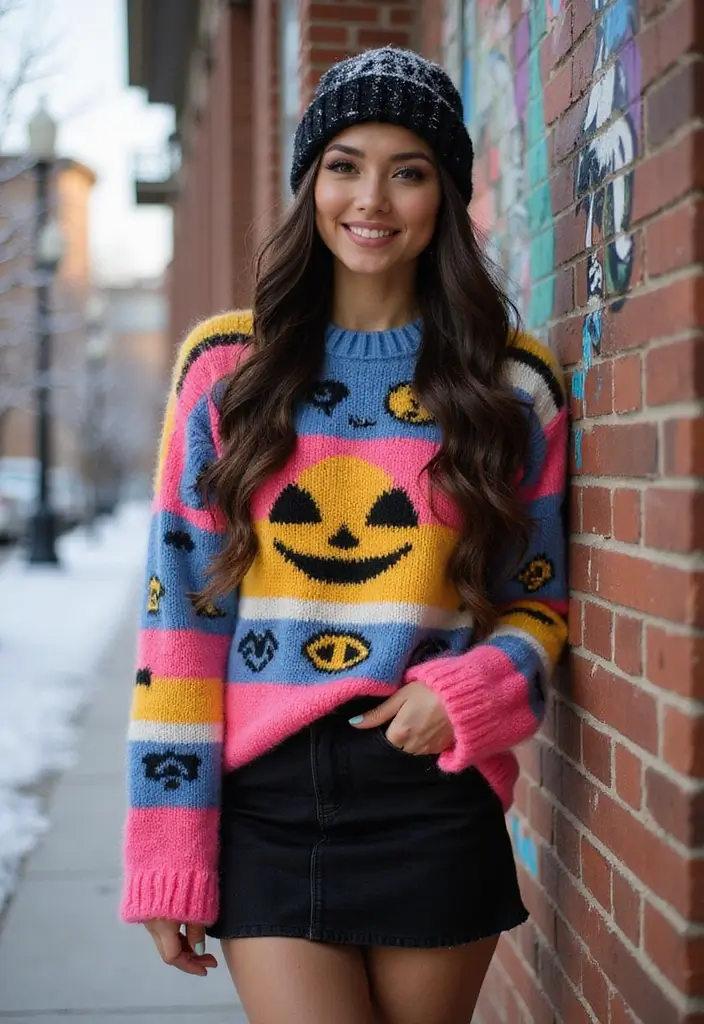 27 Cozy Women’s Winter Fashion Outfits Looks That Will Keep You Stylish and Warm! - 15. Slouchy Beanie + Graphic Sweater + Mini Skirt