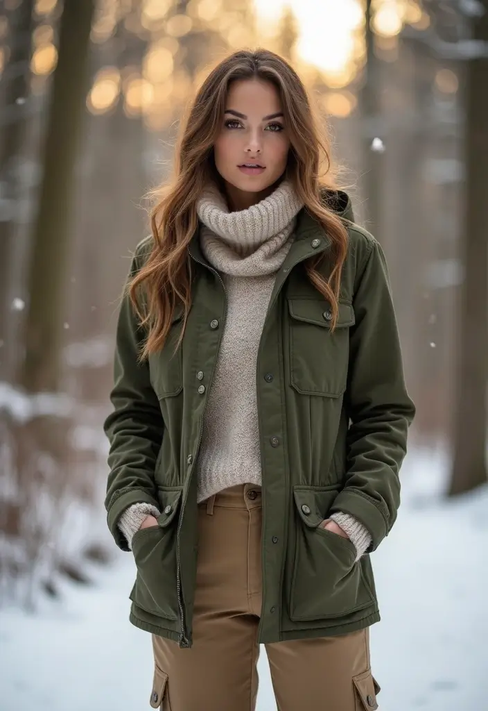 27 Cozy Women’s Winter Fashion Outfits Looks That Will Keep You Stylish and Warm! - 18. Utility Jacket + Sweater + Cargo Pants