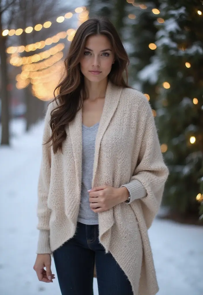 27 Cozy Women’s Winter Fashion Outfits Looks That Will Keep You Stylish and Warm! - 19. Soft Wrap + Fitted Jeans + Booties