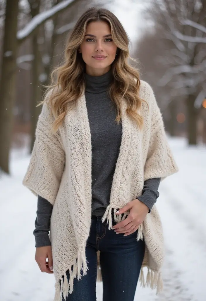 27 Cozy Women’s Winter Fashion Outfits Looks That Will Keep You Stylish and Warm! - 20. Knitted Poncho + Turtleneck + Skinny Jeans
