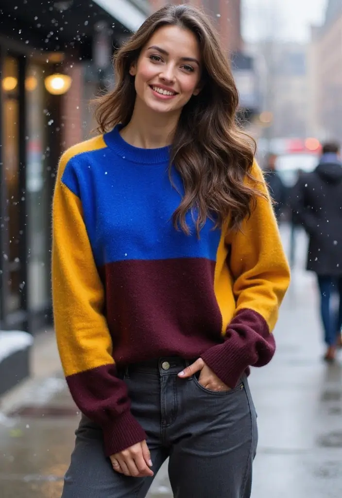 27 Cozy Women’s Winter Fashion Outfits Looks That Will Keep You Stylish and Warm! - 22. Color Block Sweater + Straight-Leg Trousers