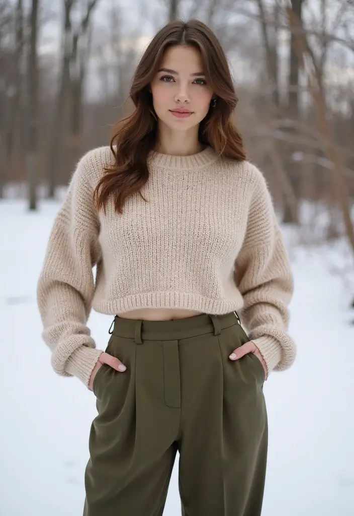 27 Cozy Women’s Winter Fashion Outfits Looks That Will Keep You Stylish and Warm! - 23. Cropped Sweater + High-Waisted Trousers
