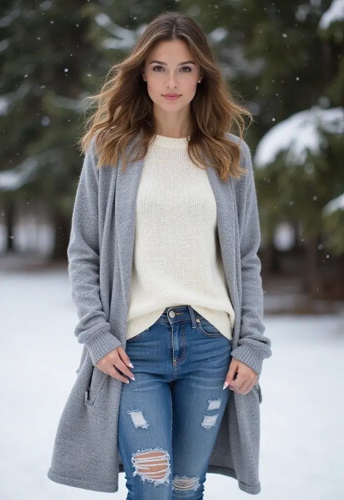 27 Cozy Women’s Winter Fashion Outfits Looks That Will Keep You Stylish and Warm! - 24. Ripped Jeans + Cozy Crewneck + Long Cardigan