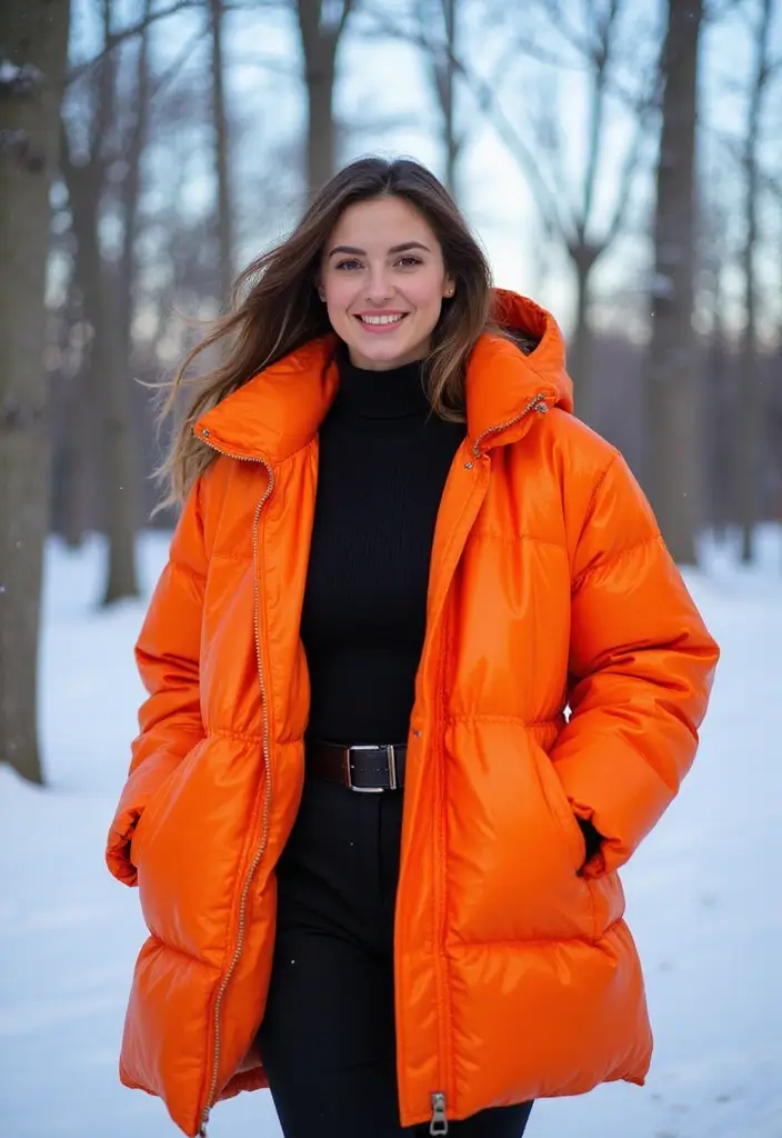27 Cozy Women’s Winter Fashion Outfits Looks That Will Keep You Stylish and Warm! - 25. Brightly Colored Outerwear + Monochrome Look