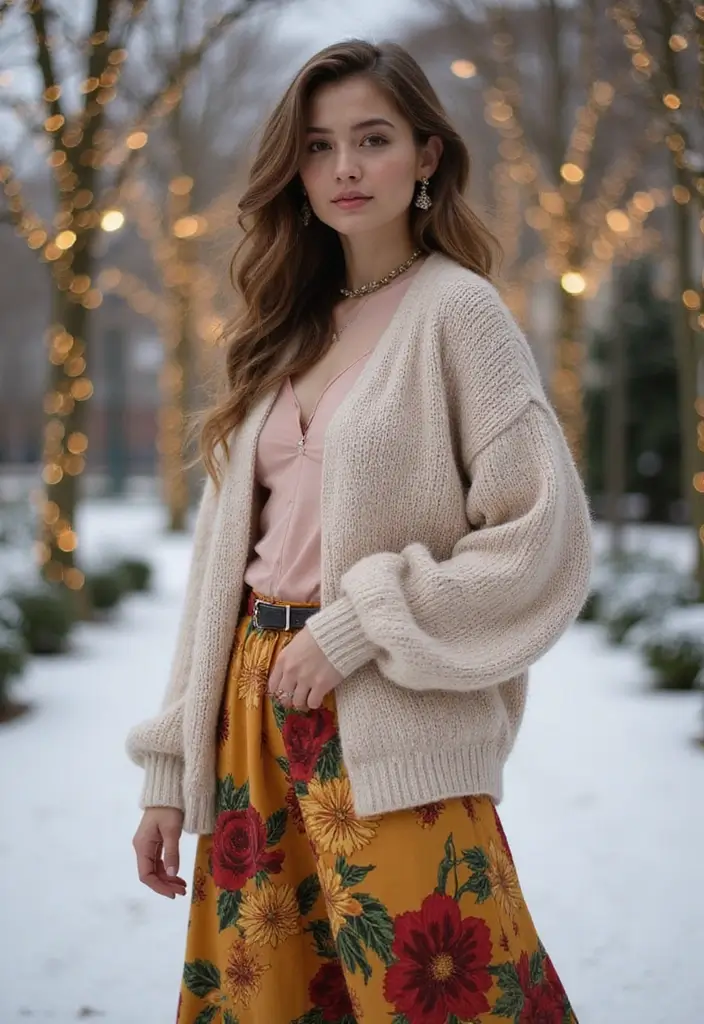 27 Cozy Women’s Winter Fashion Outfits Looks That Will Keep You Stylish and Warm! - 4. Cozy Cardigan + Midi Skirt