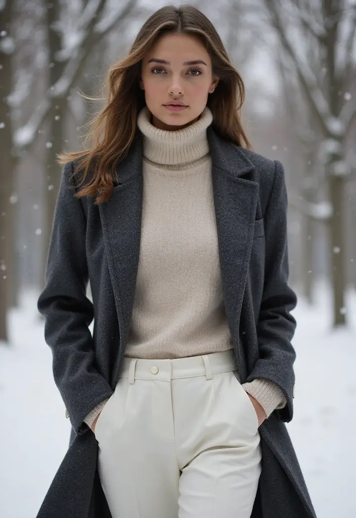 27 Cozy Women’s Winter Fashion Outfits Looks That Will Keep You Stylish and Warm! - 7. Wool Coat + Turtle Neck + Straight-Leg Pants