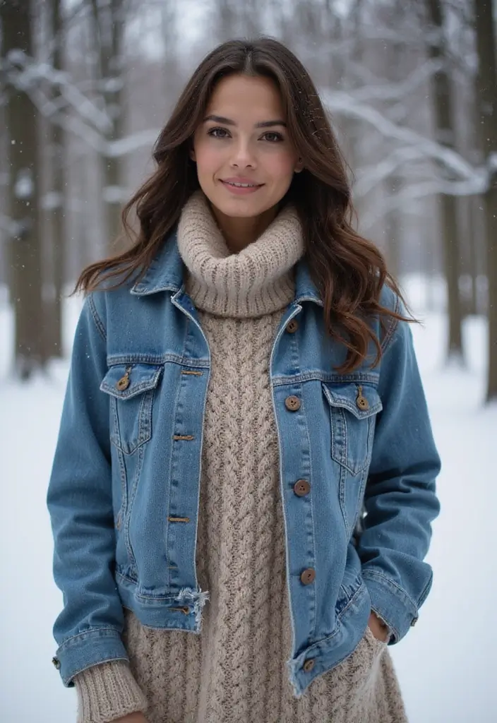 27 Cozy Women’s Winter Fashion Outfits Looks That Will Keep You Stylish and Warm! - 9. Denim Jacket + Sweater Dress