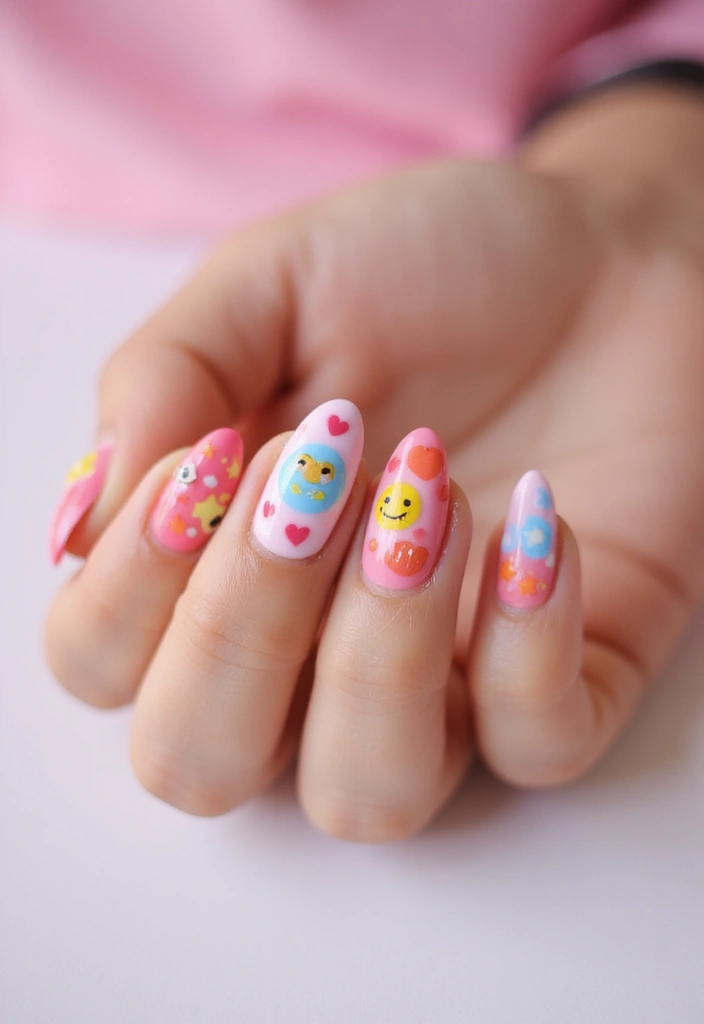 30 Simple Nail Designs for Almond Shapes That'll Make You Say 'Wow!' - 23. Fun Emoji Nails