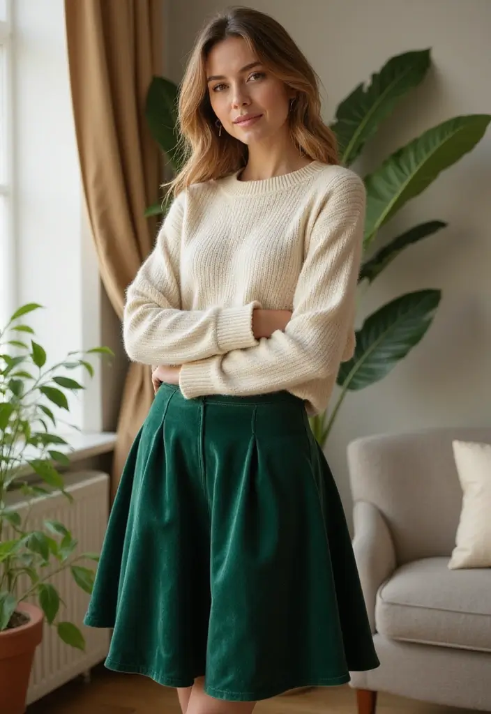 15 Stunning Fall Outfits with Skirts That Will Turn Heads This Season! - 15. Velvet Skirt with a Sweater