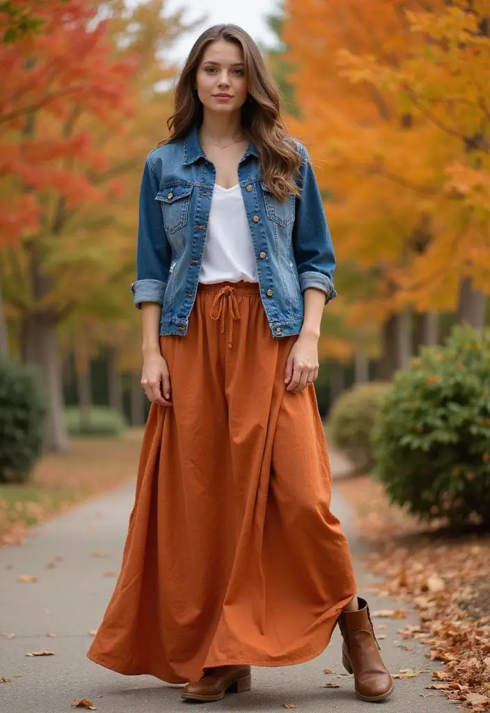 15 Stunning Fall Outfits with Skirts That Will Turn Heads This Season! - 2. Flowy Maxi Skirt with a Denim Jacket