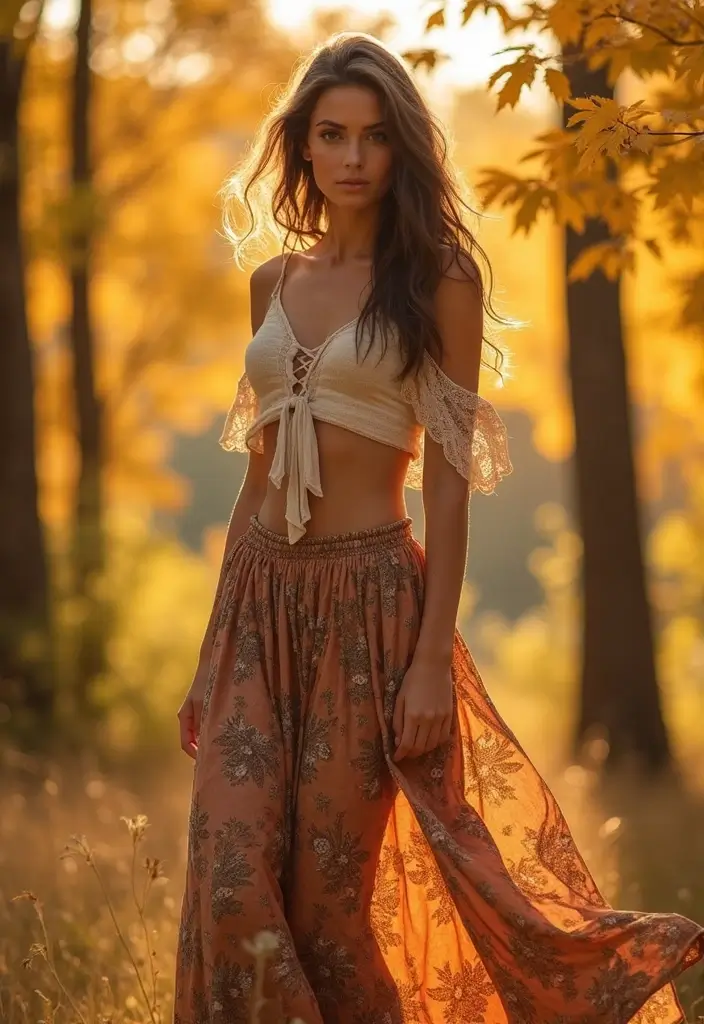 15 Stunning Fall Outfits with Skirts That Will Turn Heads This Season! - 6. Boho-Inspired Maxi Skirt with a Crop Top
