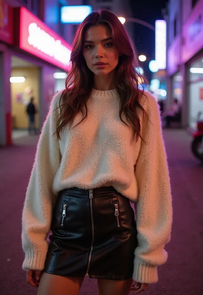 15 Stunning Fall Outfits with Skirts That Will Turn Heads This Season! - 7. Leather Skirt with a Fluffy Sweater