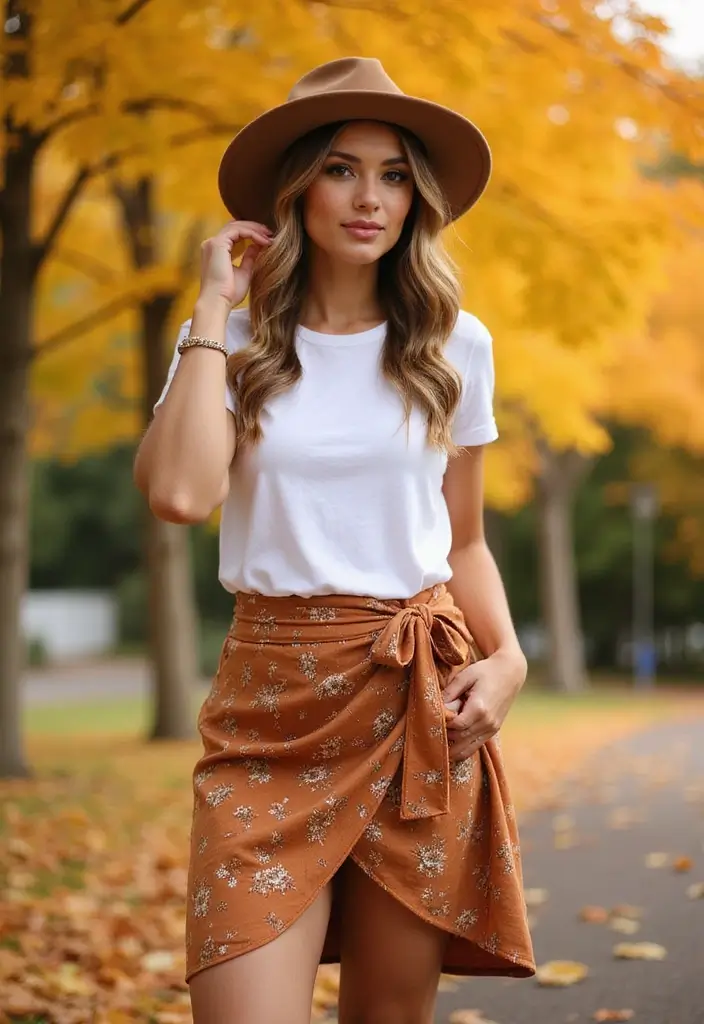 15 Stunning Fall Outfits with Skirts That Will Turn Heads This Season! - 9. Wrap Skirt with a Casual Tee