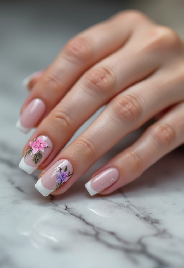 18 Short French Tip Acrylic Nails That’ll Make Your Friends Envy Your Style! - 12. Marble Effect Tips with Simple Flowers