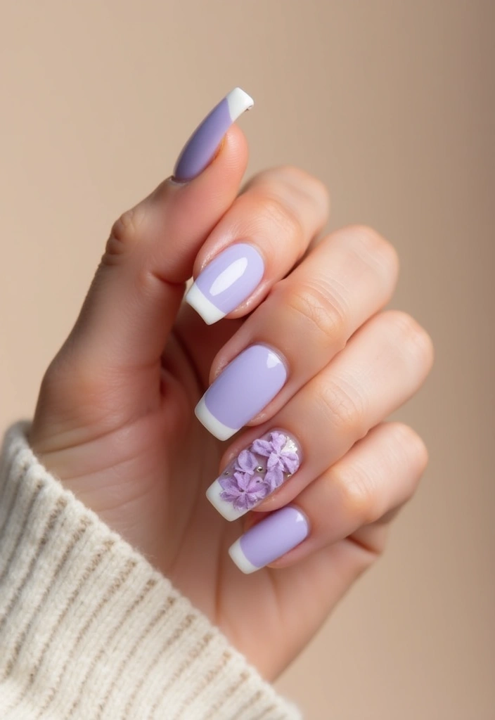 18 Short French Tip Acrylic Nails That’ll Make Your Friends Envy Your Style! - 14. Soft Lavender Tips with Petal Designs