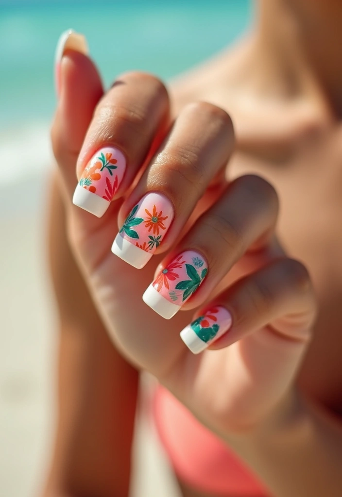 18 Short French Tip Acrylic Nails That’ll Make Your Friends Envy Your Style! - 16. Tropical Vibe French Tips with Floral Motifs