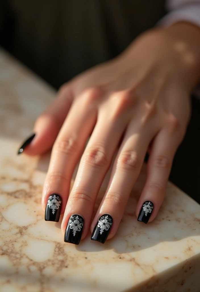 18 Short French Tip Acrylic Nails That’ll Make Your Friends Envy Your Style! - 18. Elegant Black French Tips with White Flowers