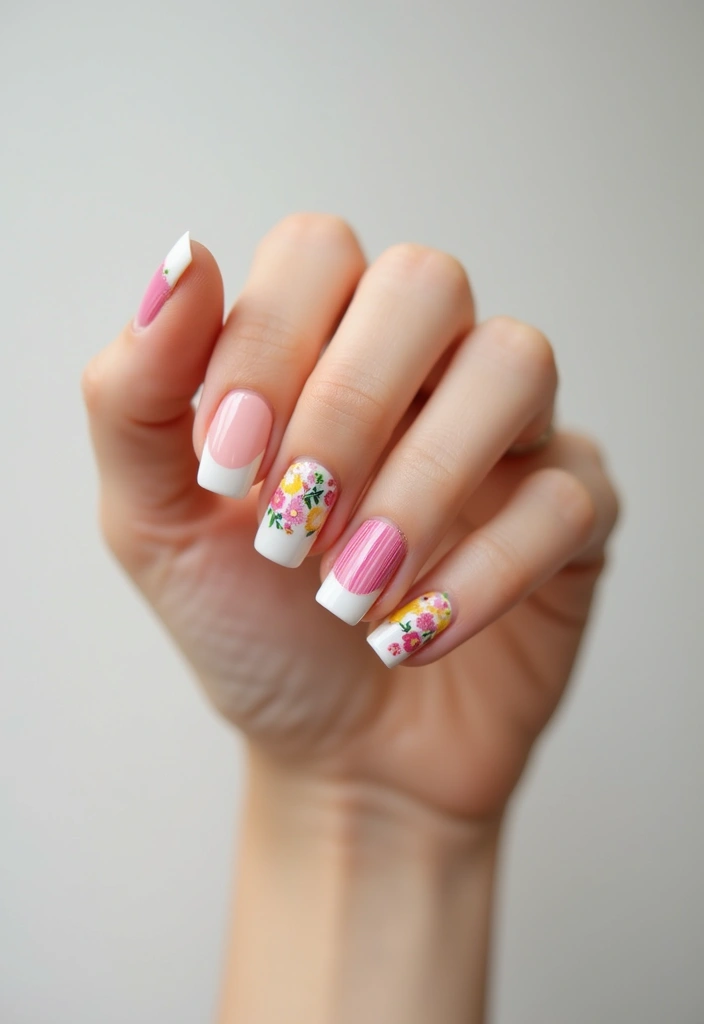 18 Short French Tip Acrylic Nails That’ll Make Your Friends Envy Your Style! - 3. Geometric French Tips with Floral Touch