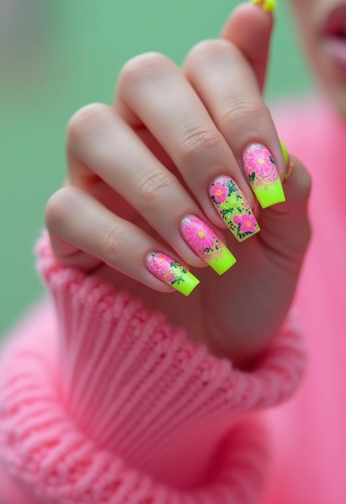 18 Short French Tip Acrylic Nails That’ll Make Your Friends Envy Your Style! - 5. Neon French Tips with Flower Art