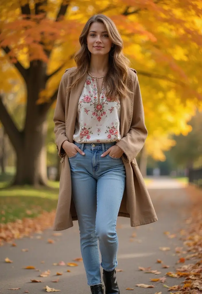 25 Stunning Fall Outfits for Women That'll Make You the Envy of Every Pumpkin Spice Lover! - 15. Floral Print Top with High-Waisted Jeans