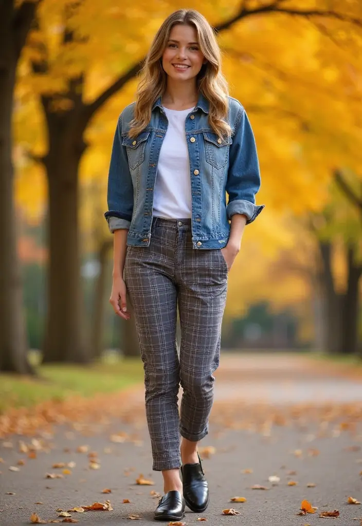 25 Stunning Fall Outfits for Women That'll Make You the Envy of Every Pumpkin Spice Lover! - 18. Plaid Pants and Basic Tee