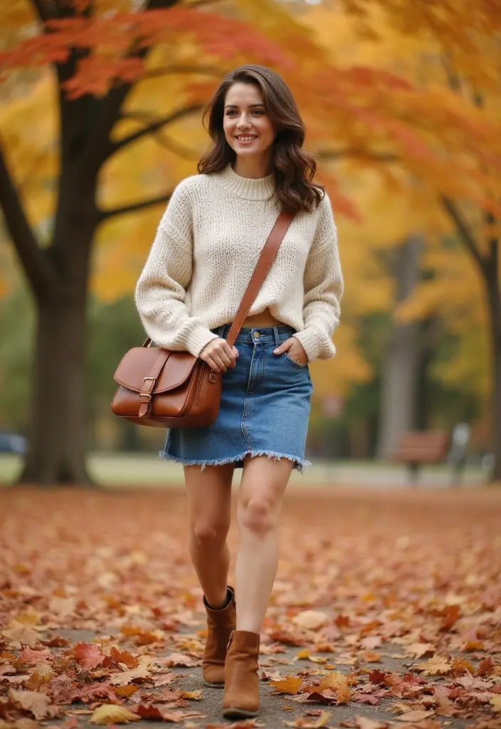 25 Stunning Fall Outfits for Women That'll Make You the Envy of Every Pumpkin Spice Lover! - 21. Casual Denim Skirt and Sweater
