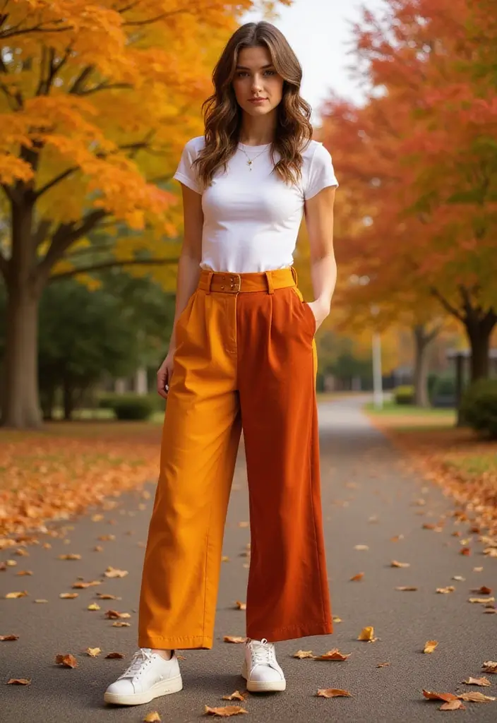 25 Stunning Fall Outfits for Women That'll Make You the Envy of Every Pumpkin Spice Lover! - 22. Brightly Colored Trousers