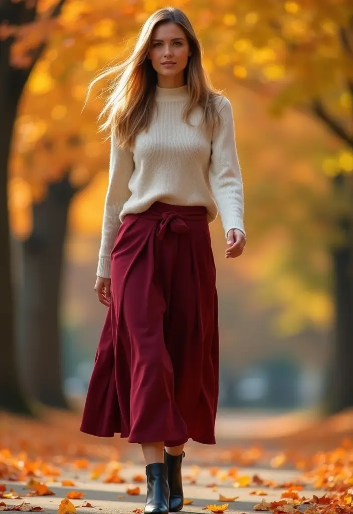 25 Stunning Fall Outfits for Women That'll Make You the Envy of Every Pumpkin Spice Lover! - 4. Elegant Midi Skirt and Sweater Combo