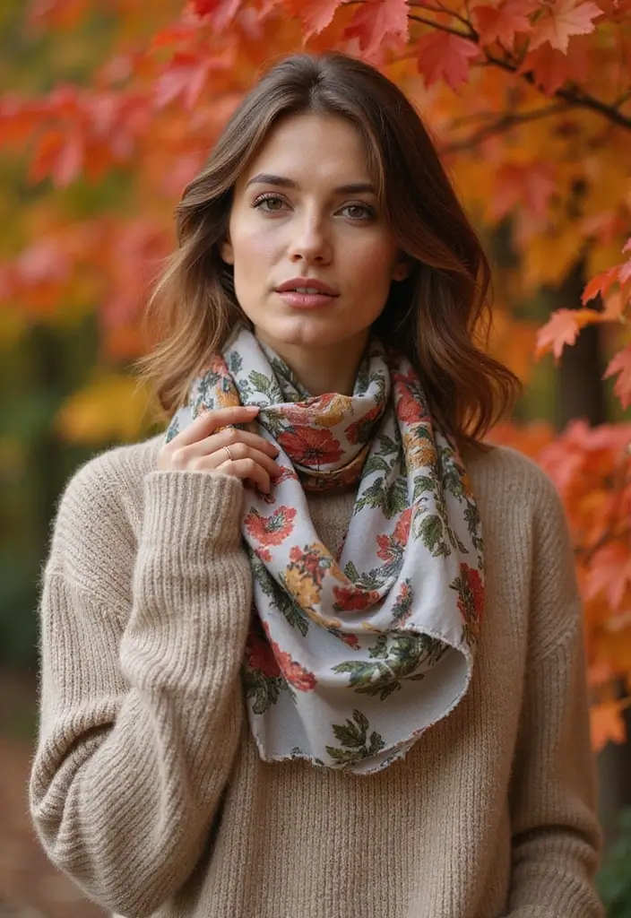 25 Stunning Fall Outfits for Women That'll Make You the Envy of Every Pumpkin Spice Lover! - 7. Playful Printed Scarf