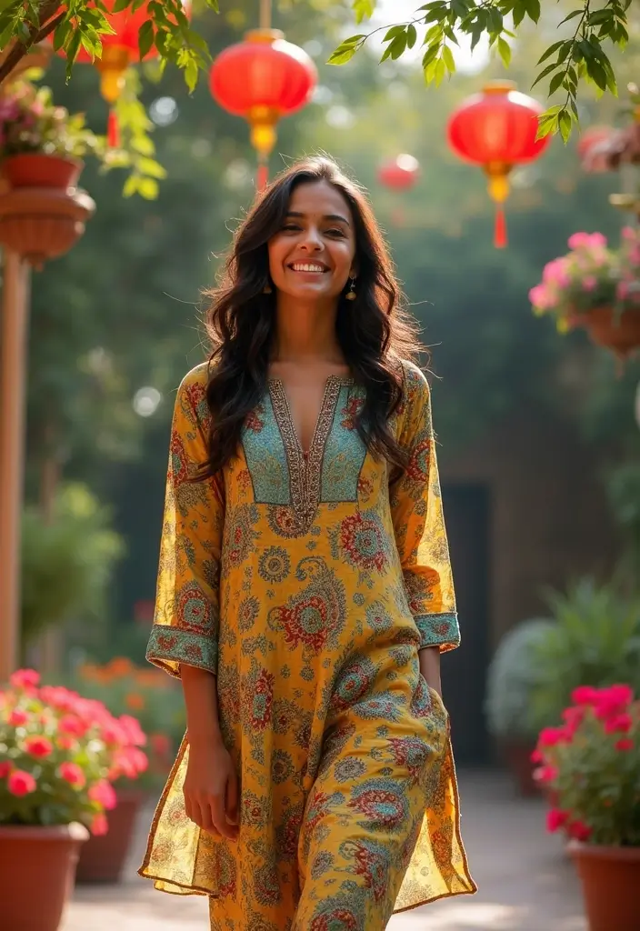 25 Stunning Festive Wear Kurta Sets for Women That Will Steal the Show This Season! - 21. Nostalgic Vibes: Retro Patterns