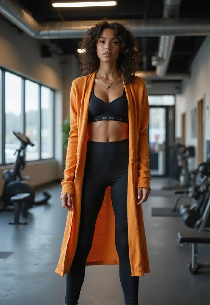 18 Modest Gym Outfits for Women That'll Make You Want to Work Out (You'll Love #7!) - 11. Long Duster Cardigan with Fitted Activewear