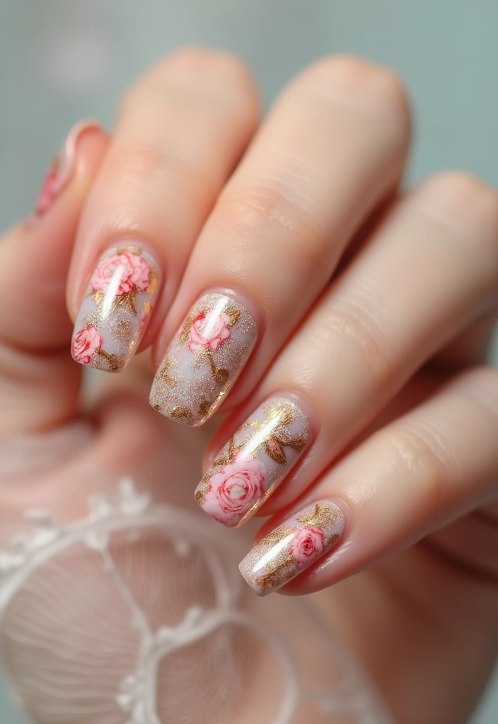19 Stunning Gold Nail Inspo Designs That Will Make You Shine! - 8. Vintage Florals with Gold Accents