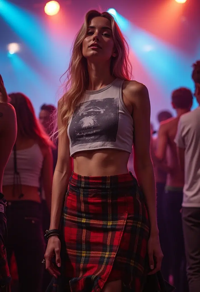 20 Concert Outfit Ideas That'll Have You Rocking the Crowd (You Won't Believe #8!) - 12. Fashion-Forward Kilt & Graphic Crop