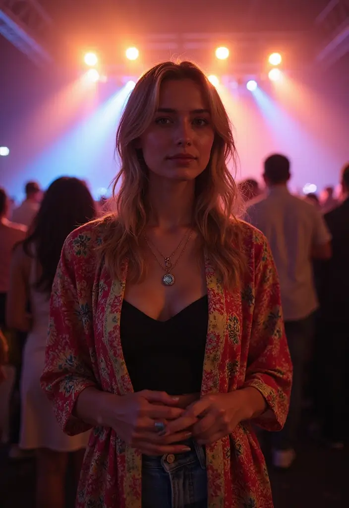 20 Concert Outfit Ideas That'll Have You Rocking the Crowd (You Won't Believe #8!) - 16. Brightly Patterned Kimono & Simple Pants