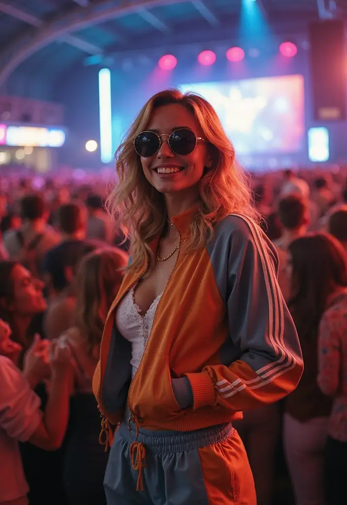 20 Concert Outfit Ideas That'll Have You Rocking the Crowd (You Won't Believe #8!) - 18. Vintage Tracksuit & Bold Sunglasses